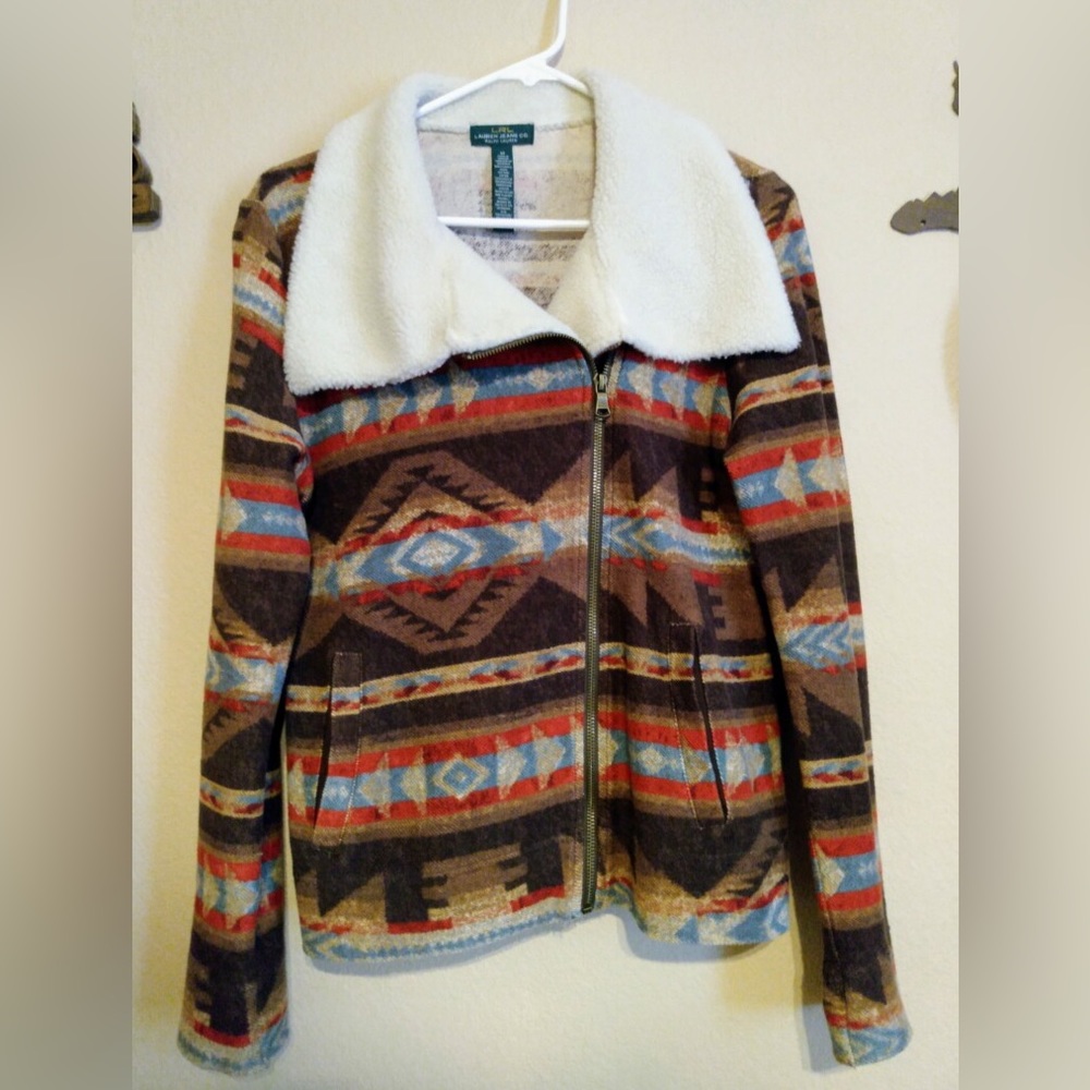 Lauren Ralph Lauren tribal southwestern zip faux Sherpa collar jacket medium